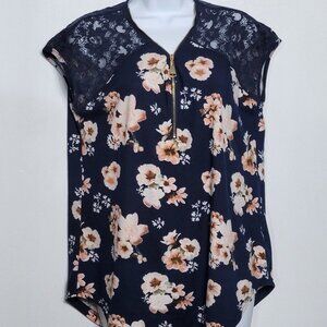 Wishful Park Navy Floral Top with Lace Shoulders, Size M